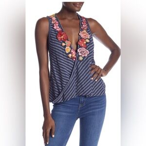 Free People Floral Embroidered Embellished Size Small White Blue Stripe Top Boho